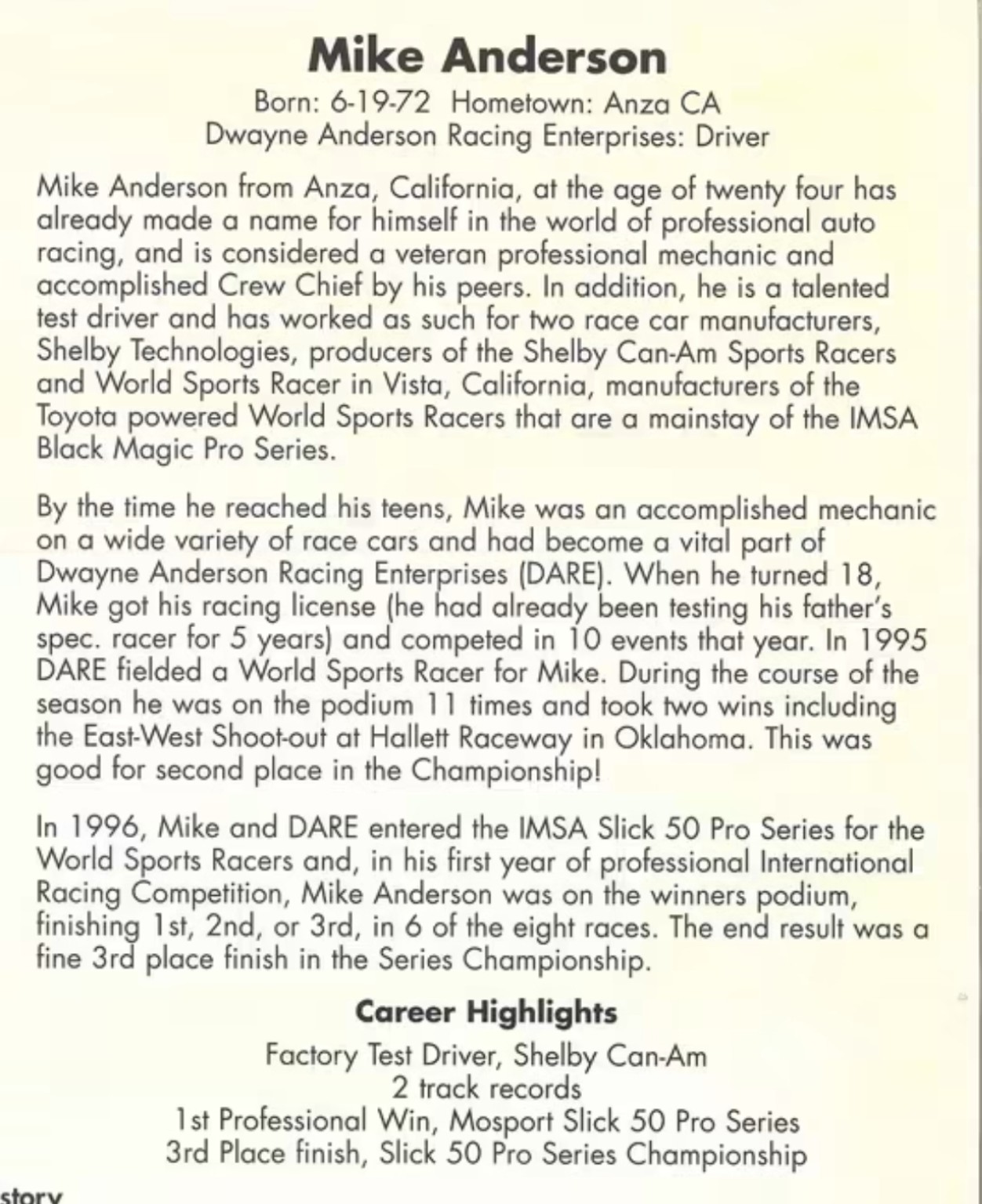 Back of Mike Anderson's Sports Toyota hero card with his driver profile and career highlights