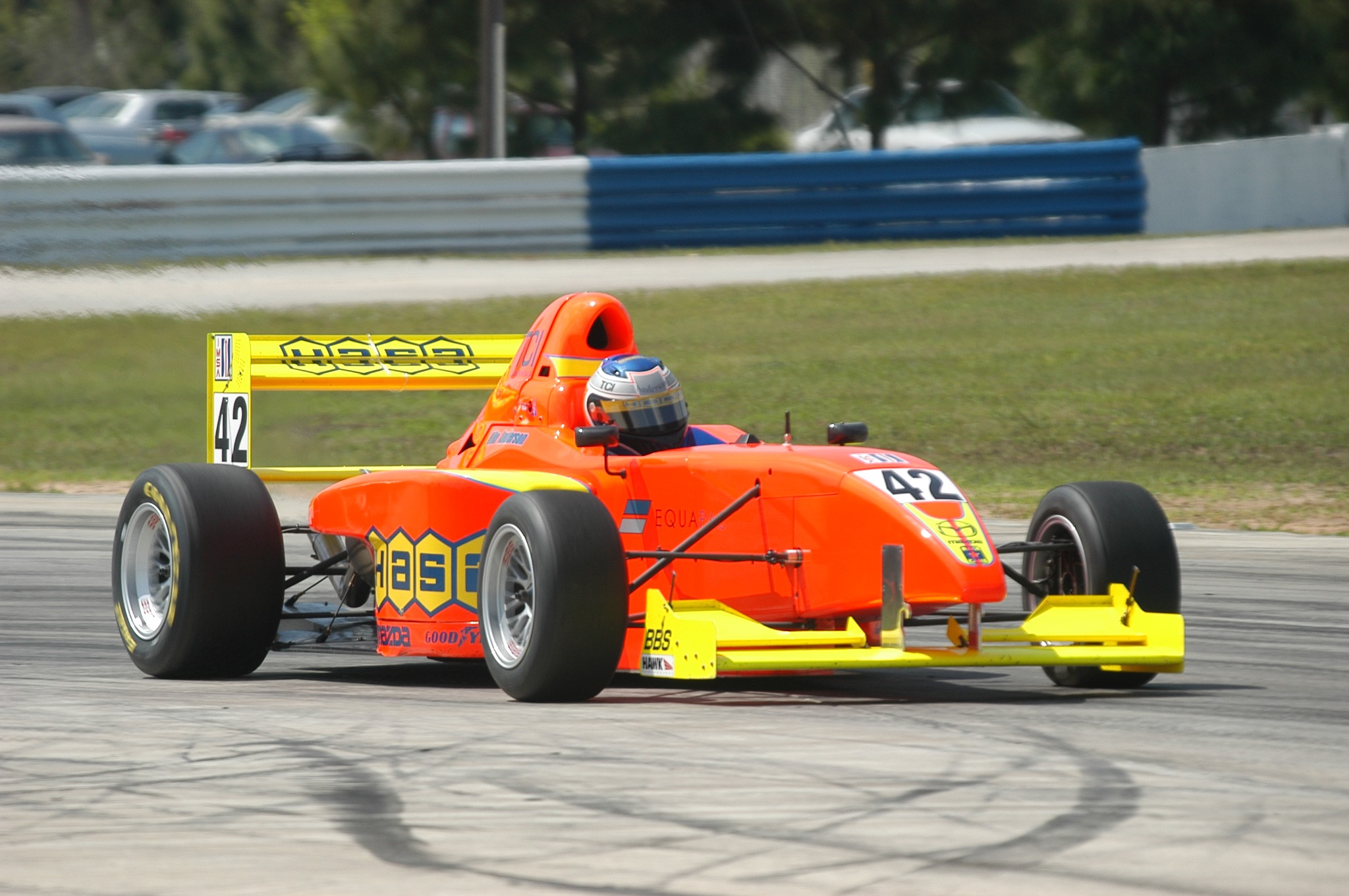 Front three-quarter view of Mike Anderson's number 42 Pro Formula Mazda on track