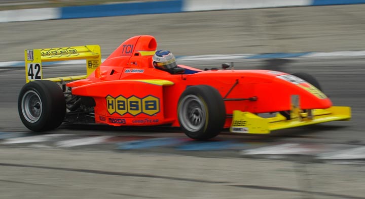 Mike Anderson driving the number 42 Pro Formula Mazda through a Sebring corner
