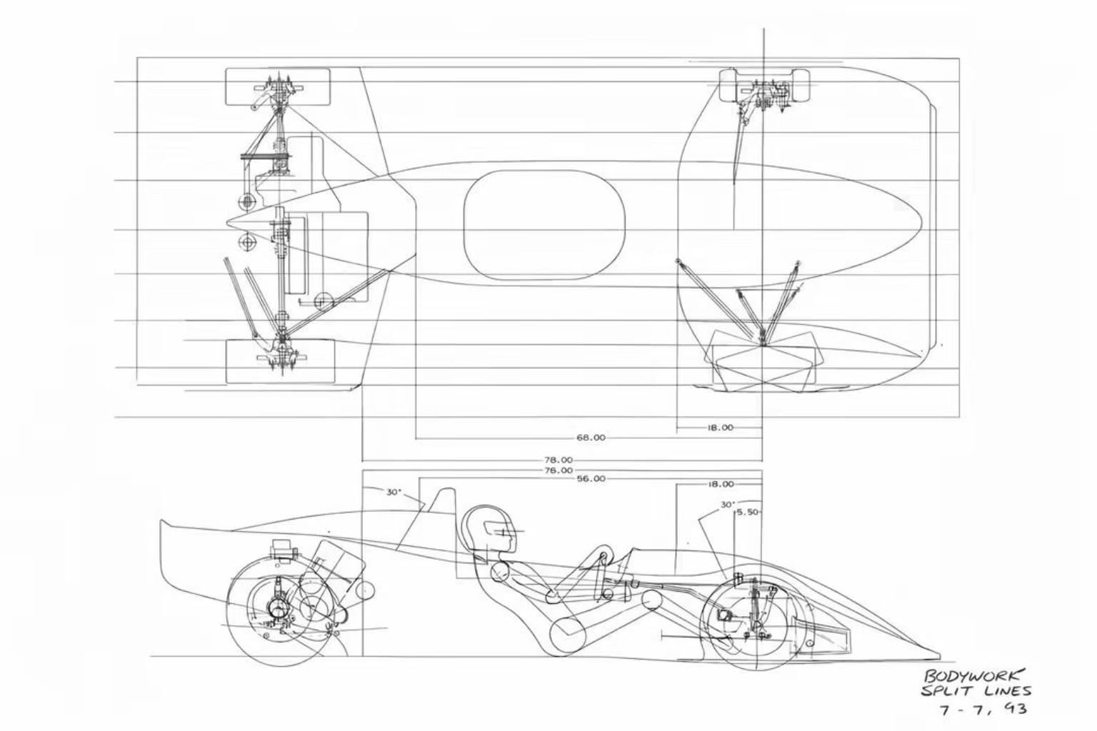 SP-94 bodywork split-line engineering drawing dated 1993