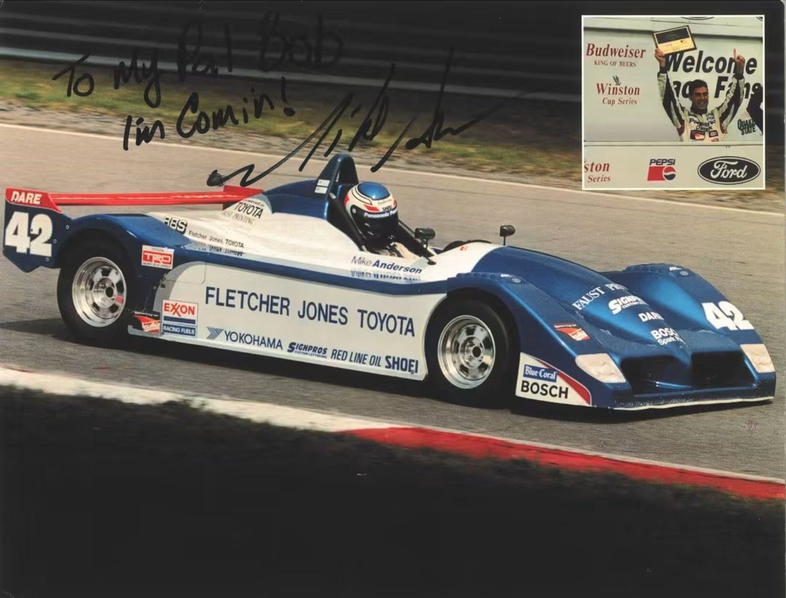 Front of Mike Anderson's signed number 42 Sports Toyota hero card