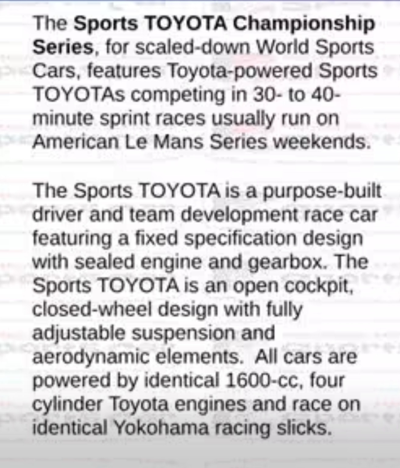 Period Sports Toyota Championship advertisement describing the fixed specification cars and sprint-race format