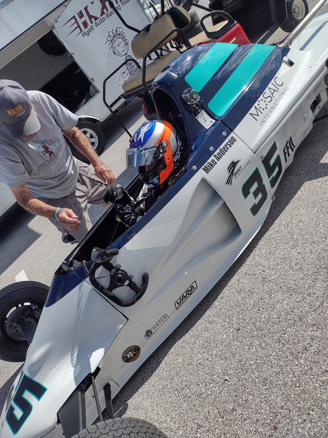 Mike Anderson seated in the cockpit of his number 35 Swift DB1 at Indianapolis