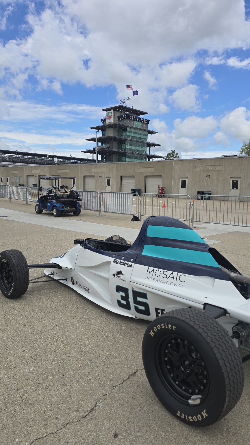 Mike Anderson's number 35 Swift DB1 in the Indianapolis Motor Speedway paddock